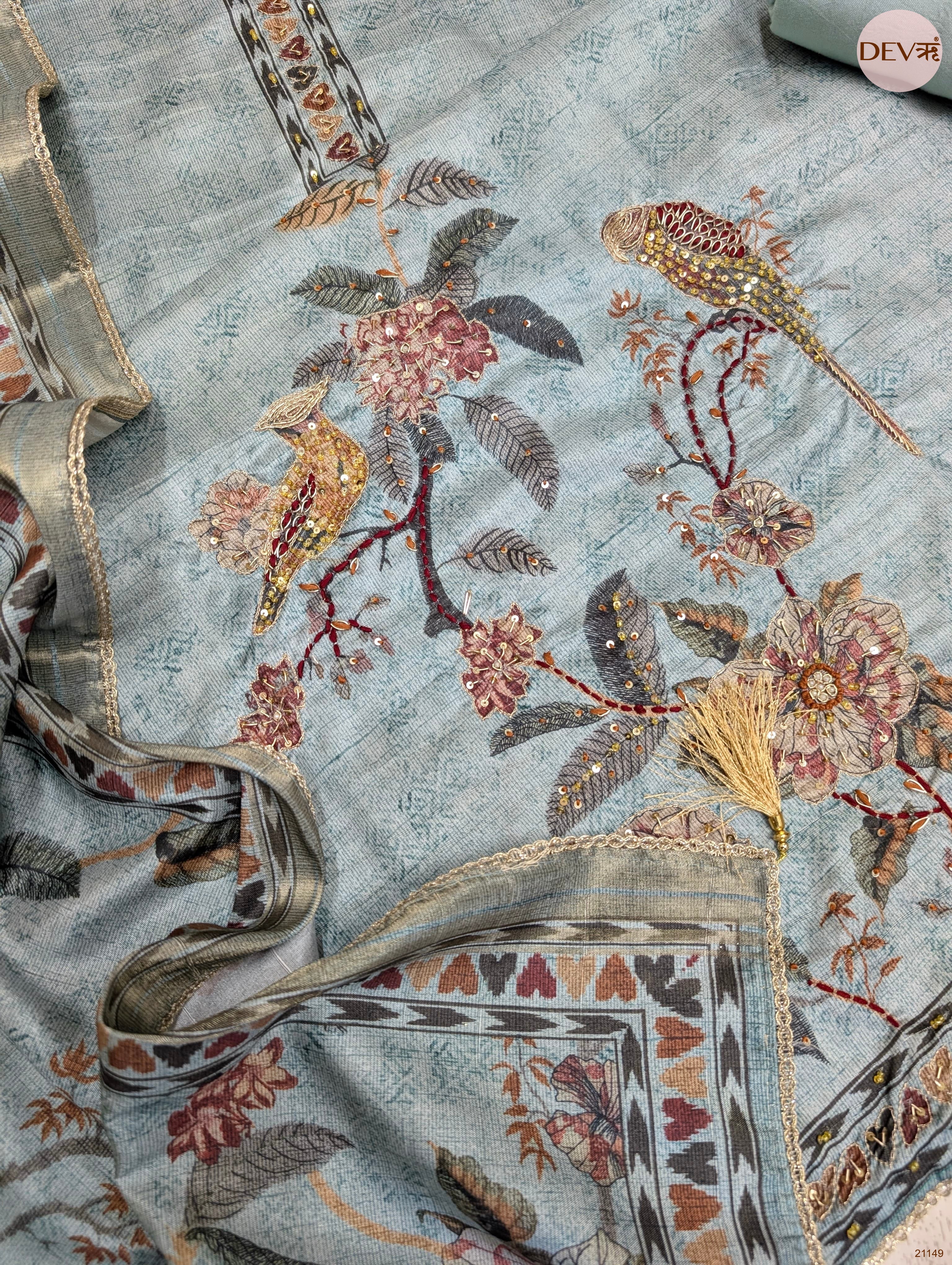 Blue Mul Chanderi Silk Printed Unstitched 3-Piece Suit (Devri – D.No 21149)