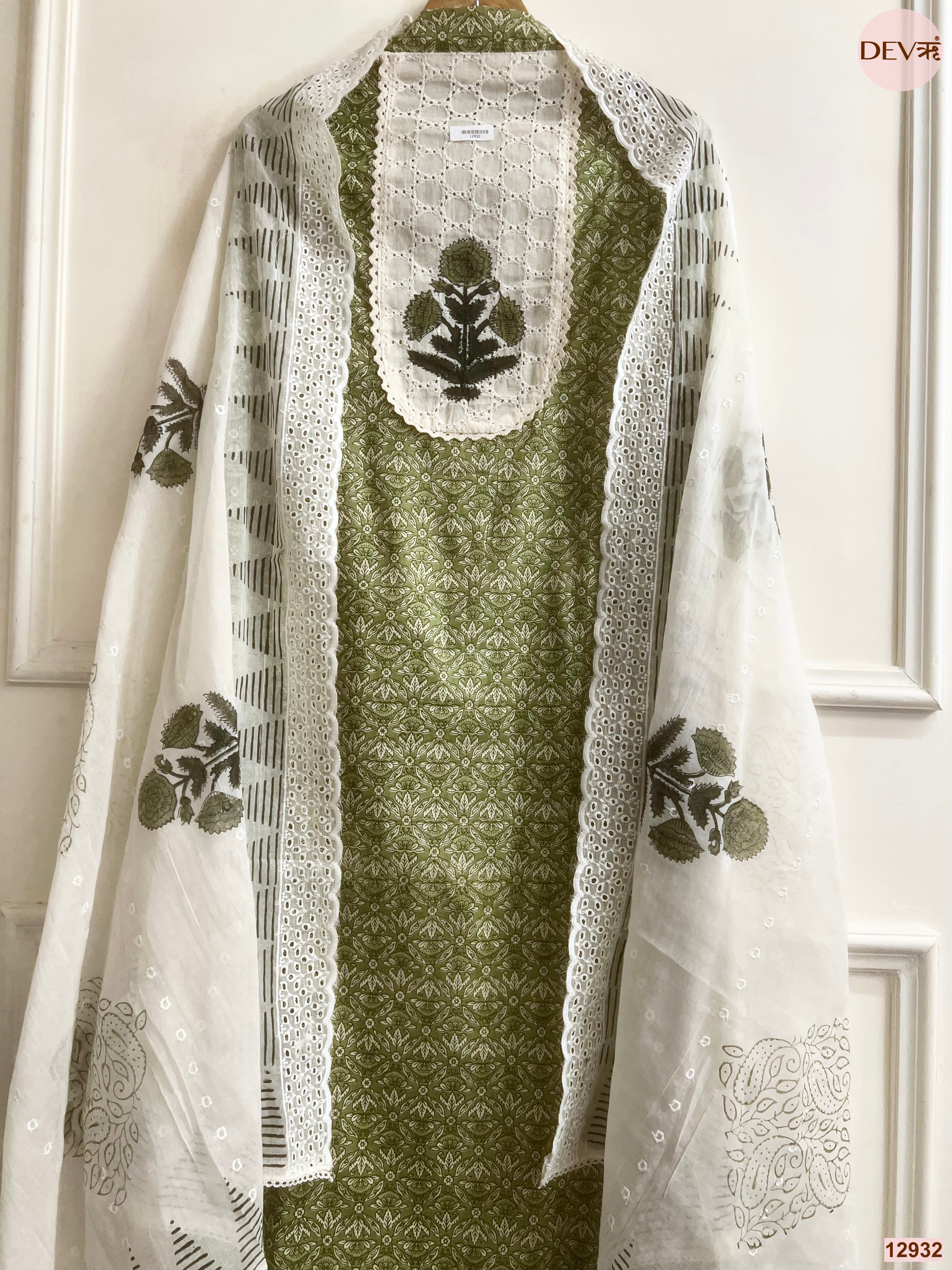 Olive Cotton Printed Unstitched 3-Piece Suit (Devri – D.No 12932)