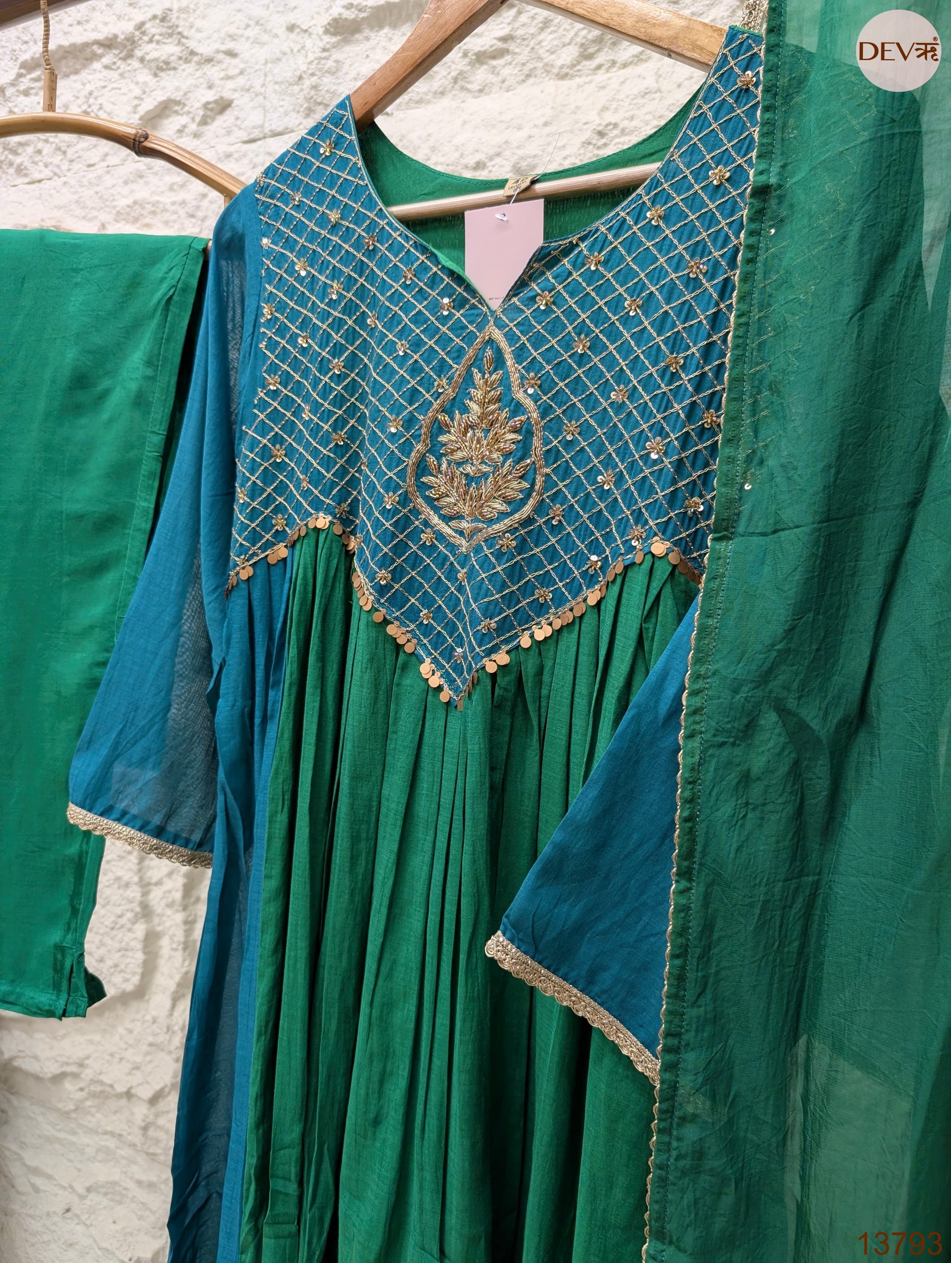 Zarmina Mul Chanderi Embroidered Teal Green 3-Piece Set (Devri – D.No 13793)