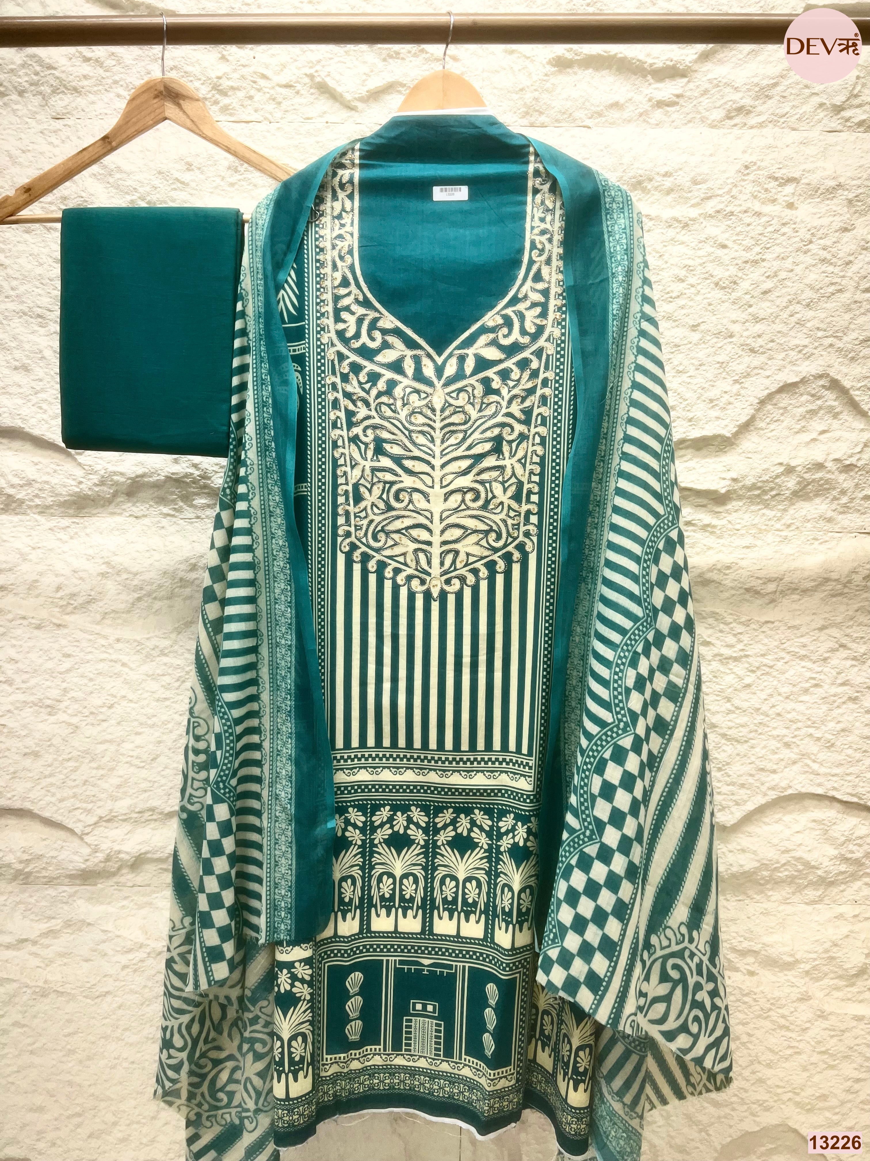 Teal Cotton Printed Unstitched 3-Piece Suit (Devri – D.No 13226)
