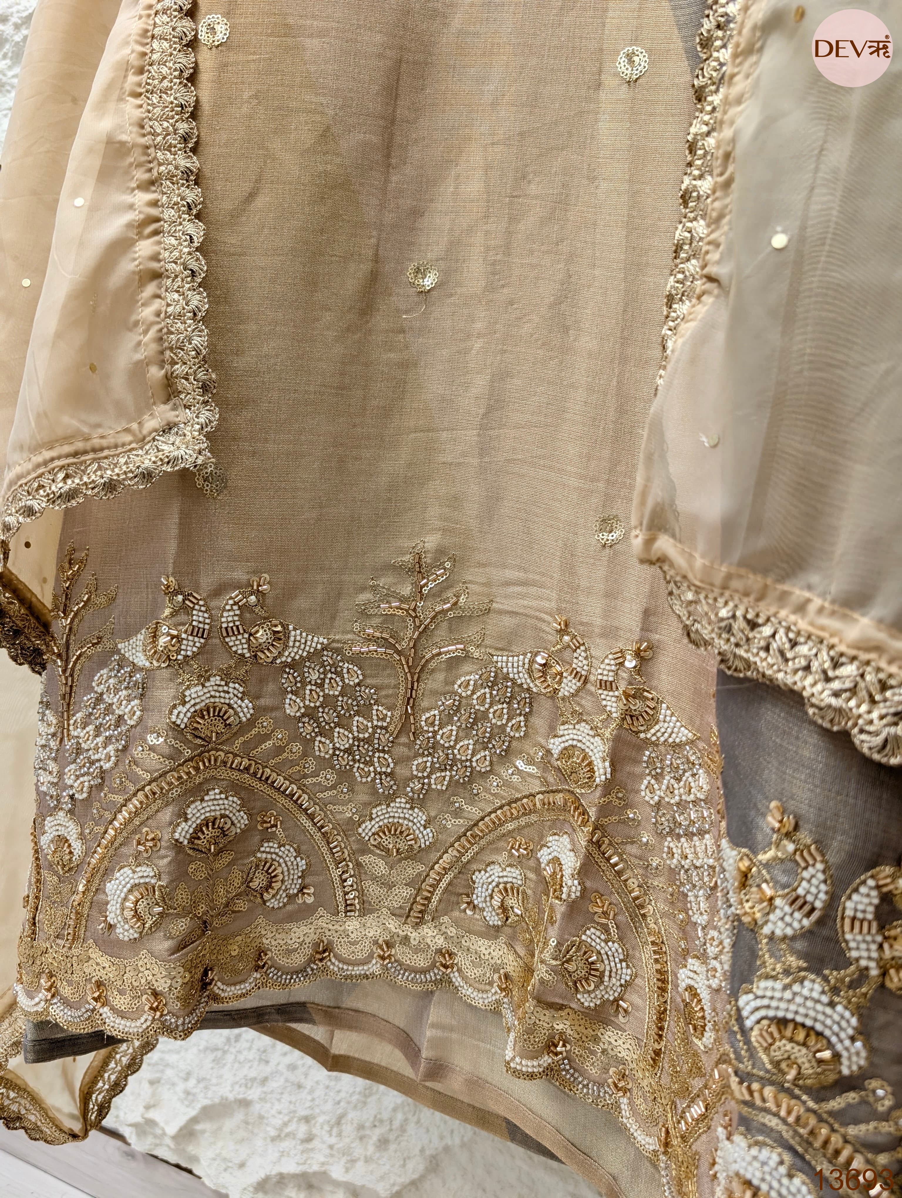 Beige Tissue Silk Embroidered Unstitched 3-Piece Suit (Devri – D.No 13693)