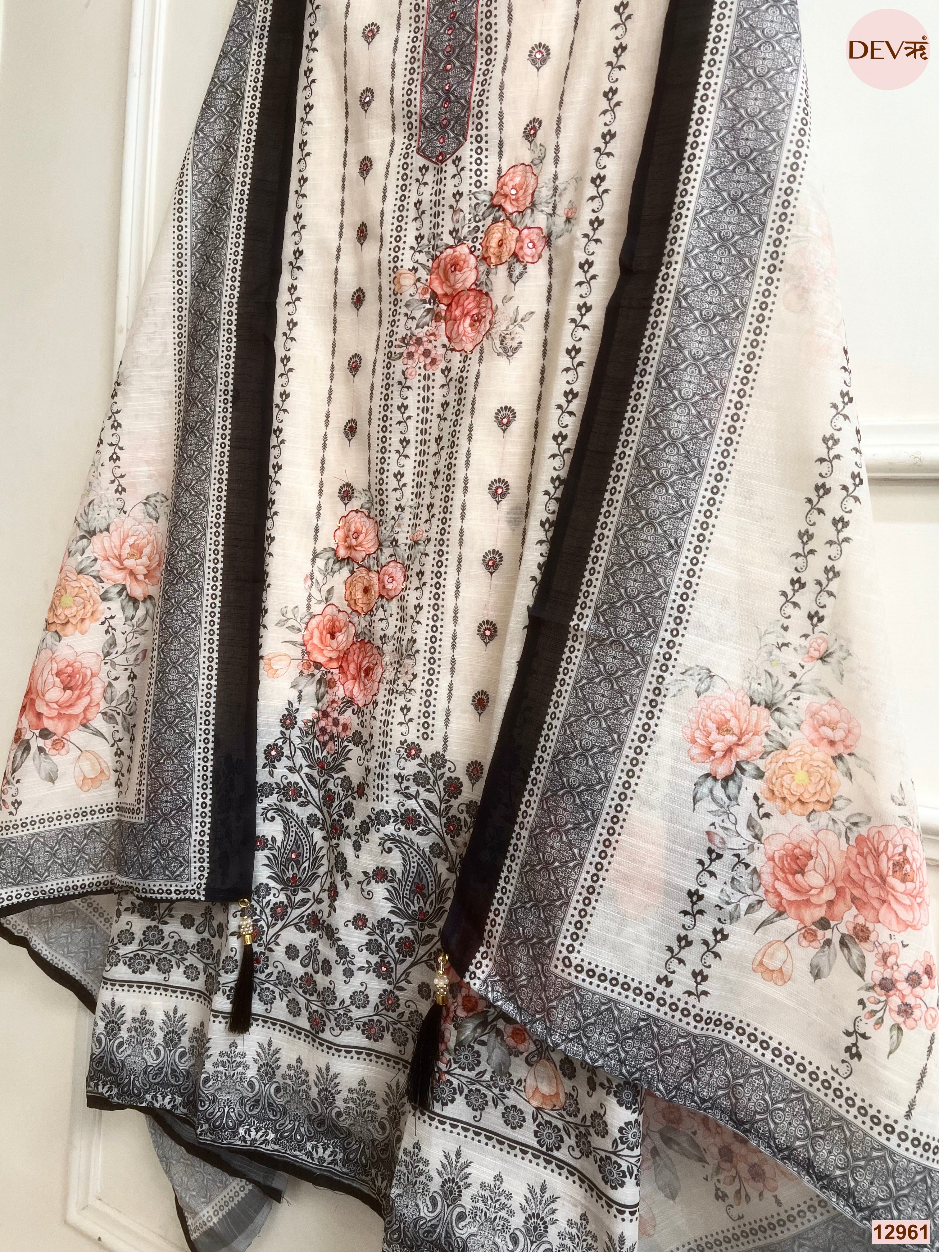 Cream Linen Cotton Printed Unstitched 3-Piece Suit (Devri – D.No 12961)