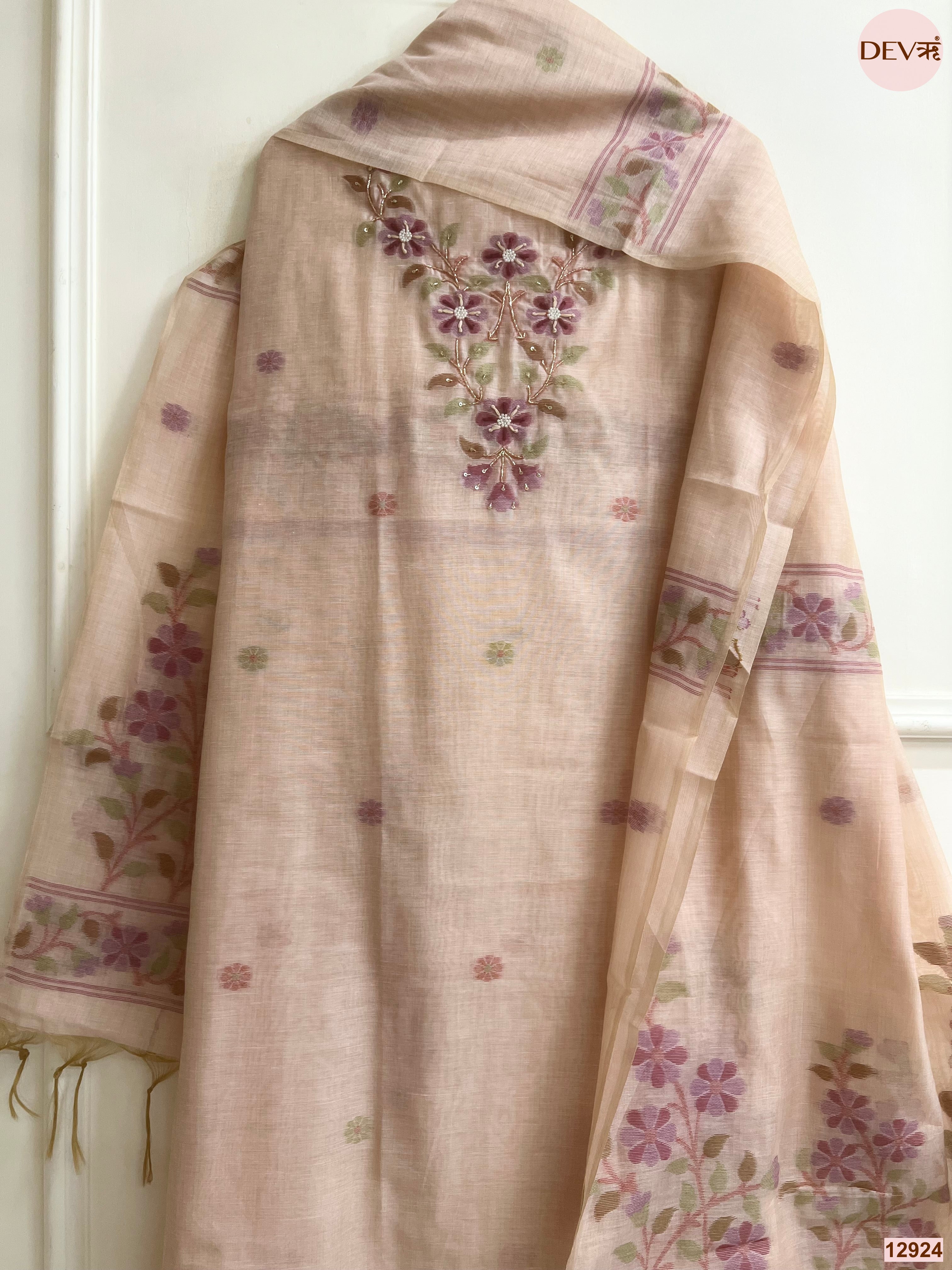 Peach Jamdani Cotton Embroidered Unstitched 3-Piece Suit (Devri – D.No 12924)