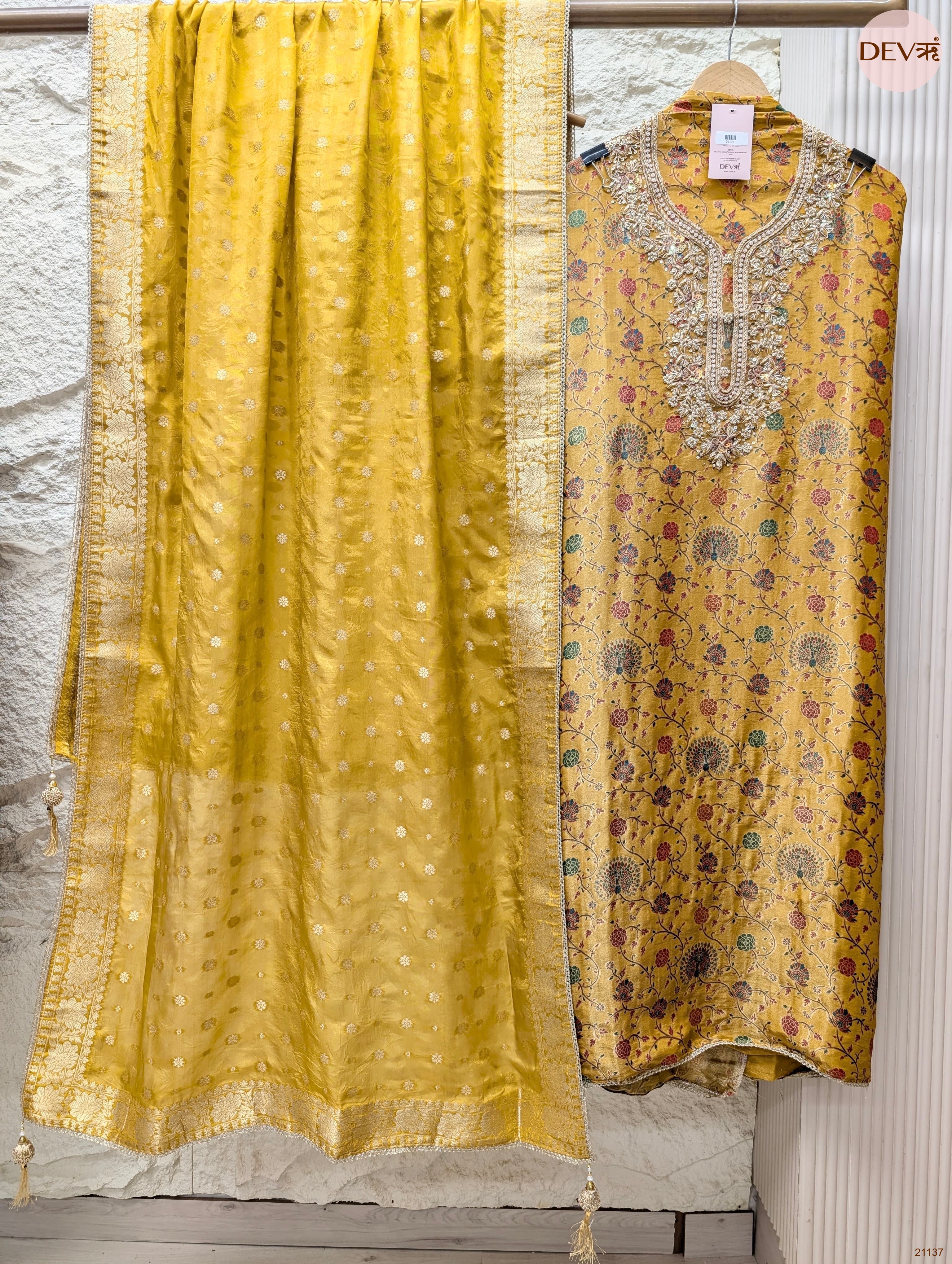 Mustard Pure Banarasi Woven Silk Printed Unstitched 3-Piece Suit (Devri – D.No 21137)
