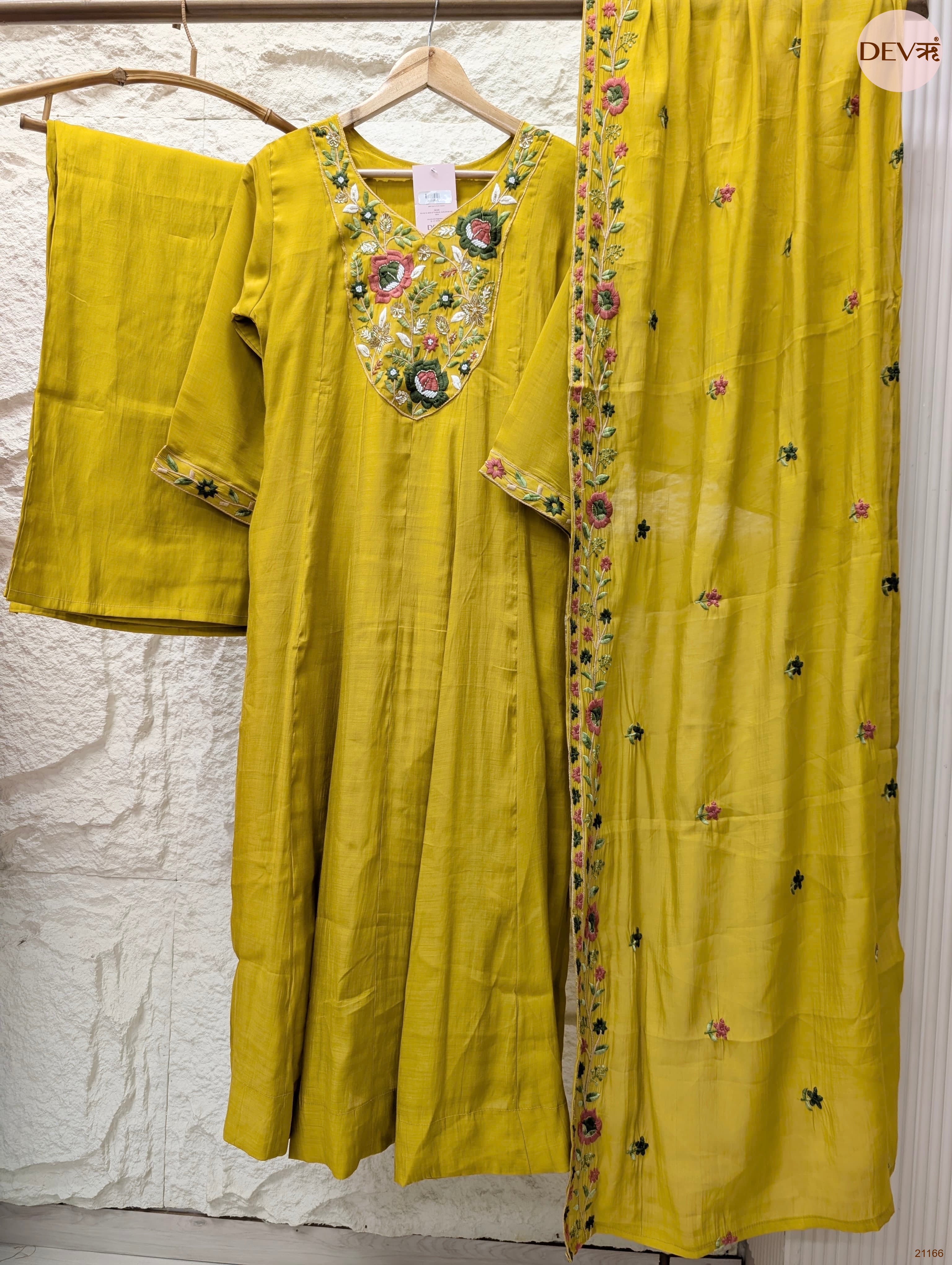 Gulnaar Mul Chanderi Embroidered Mustard 3-Piece Set (Devri – D.No 21166)